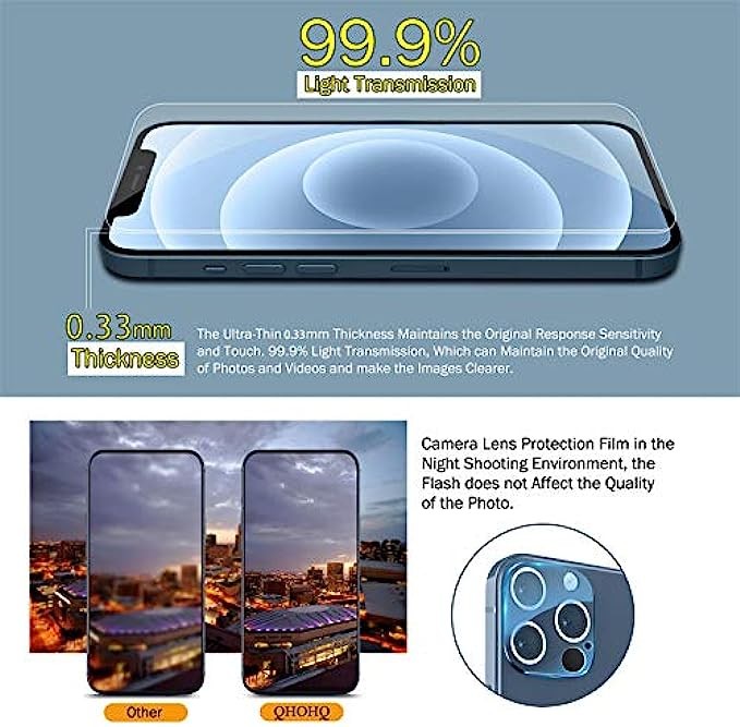 QHOHQ 3 Pack Screen Protector for iPhone 12 Pro Max 6.7" with 2 Pack Tempered Glass Camera Lens Protector, Ultra HD, 9H Hardness, Scratch Resistant, Easy Install - Case Friendly