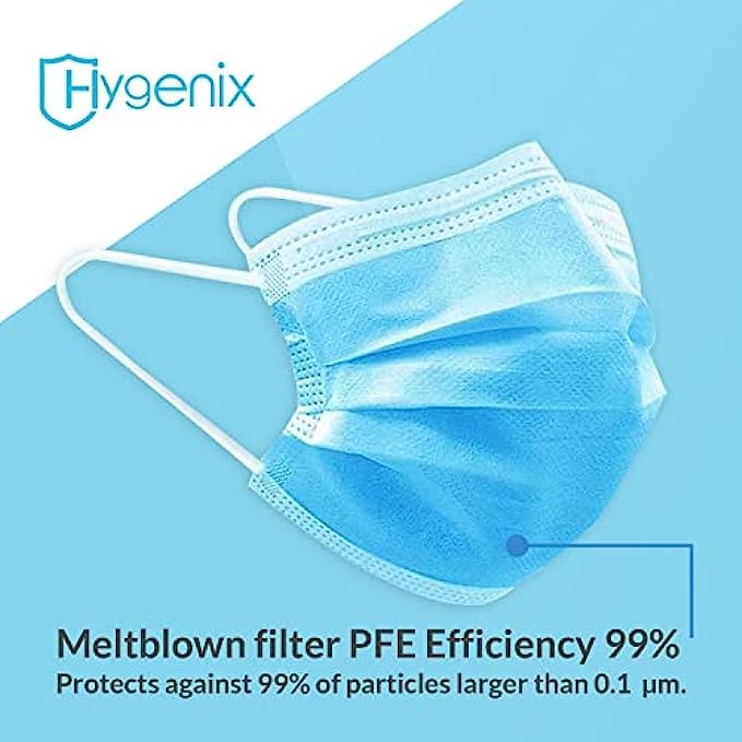 Hygenix 3ply Disposable Face Masks PFE 99% Filter Quality "Tested by a US lab" (Pack of 50 Pcs)